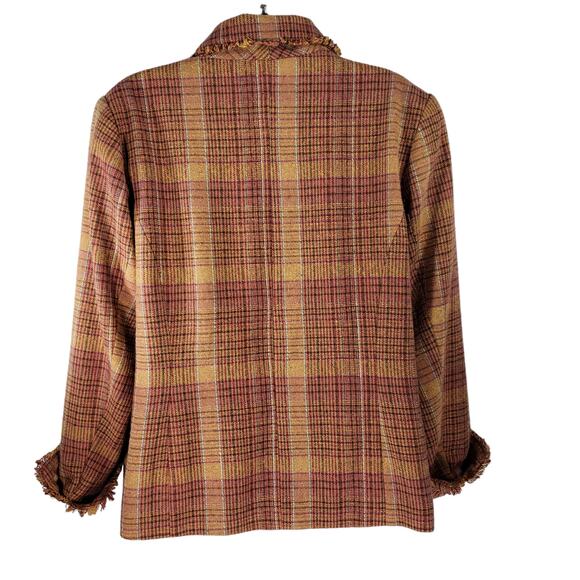 Coldwater Creek 16 Plaid Blazer Women Gold Plum Recycled Wool Blend Frayed Edges - Picture 2 of 11